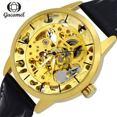 

Classic Series Hollow Golden Steampunk Mens Automatic Skeleton Watches Leather Strap Top Brand Luxury Mechanical Watch