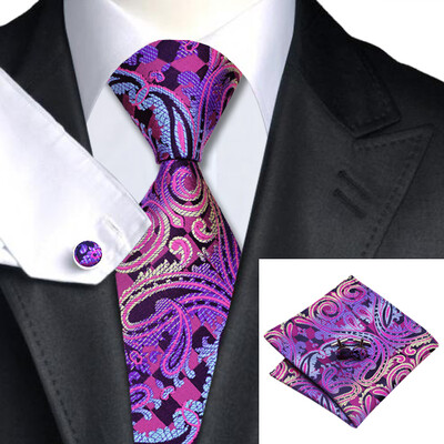 

N-0638 Vogue Men Silk Tie Set Purple Paisley Necktie Handkerchief Cufflinks Set Ties For Men Formal Wedding Business wholesale