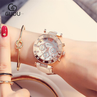 

GUOU Fashion Bracelet Women Quartz Watches Luxury Brand Ladies Leather Wrist Watch Rhinestones Clock