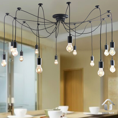 

BOKT Vintage Edison Multiple Ajustable DIY Pendant Spider Lights Ceiling Light Fixtures Metal Chandeliers LightingBlack 14-light