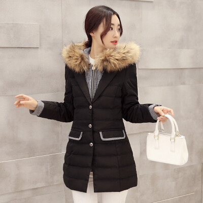 

Duck YAYA B-5429 down jacket female fur collar stitching houndstooth fake two down jacket long coat black 165