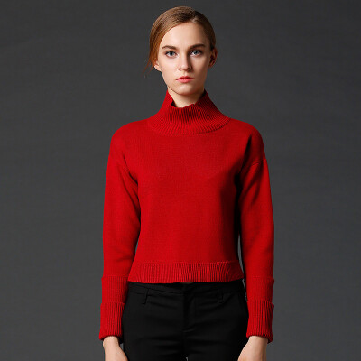 

Marc Rebecca solid color long-sleeved leather sweater short paragraph loose high collar collar sweater female 75008D red