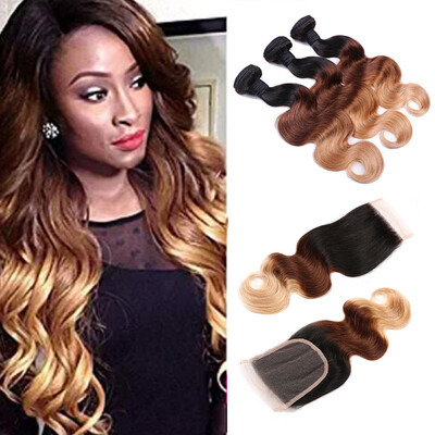 

Brazilian Hair 8A Ombre Hair Body Wave 3 Bunlle With Closure Color 1b427 100 Remy Human Hair free shipping
