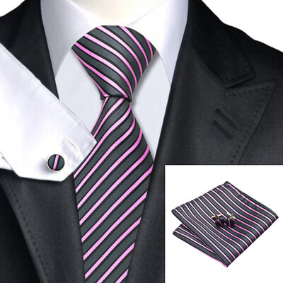 

N-0307 Vogue Men Silk Tie Set Gray Stripe Necktie Handkerchief Cufflinks Set Ties For Men Formal Wedding Business wholesale