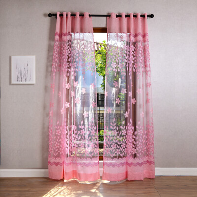 Pink Green Flower Burnout Tulle, Pink Kitchen Curtains
