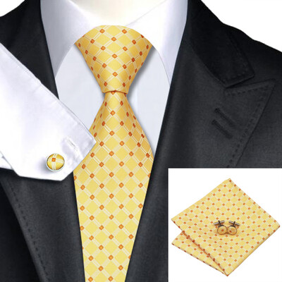 

N-0437 Vogue Men Silk Tie Set Yellow Plaids Necktie Handkerchief Cufflinks Set Ties For Men Formal Wedding Business wholesale