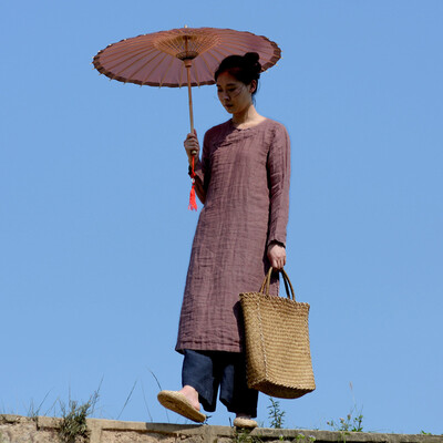 

Autumn women soft double-layer pine linen hand deduction cheongsam in the long section of cotton and linen dress art tea dress S22