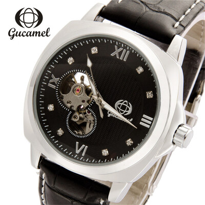 

GUCAMEL Famous Brand Men Business Automatic Self Wind Watches Transparent Case Black Leather Band Mechanical Watches