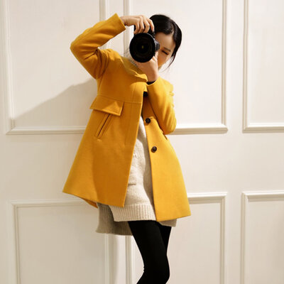 

Slim Round-neck A-line Woollen Overcoat Solid Color Long-section for Women
