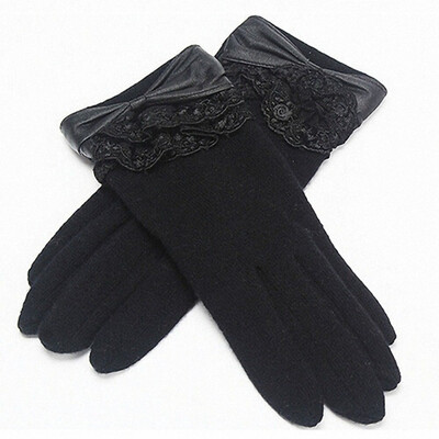 

Women's Winter Lace Cashmere Warm Riding Outdoor Gloves Leather Bow Charm Accessories