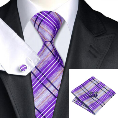 

N-0457 Vogue Men Silk Tie Set Purple Stripe Necktie Handkerchief Cufflinks Set Ties For Men Formal Wedding Business wholesale