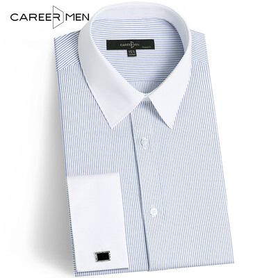 

CareerMen Men's Regular Fit Non Iron Contrast Collar French Cuff Simplicity Vertical Long Sleeve Dress Shirt