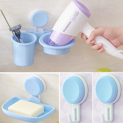 

Green bar bathroom strong suction cup toothbrush holder hair dryer rack wall hanging soap box hook 4 piece set blue