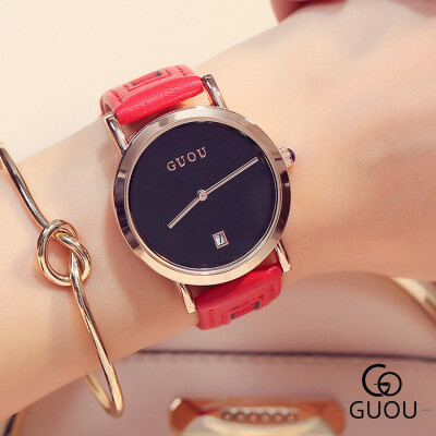 

GUOU Simple Fashion Women Quartz Watches Top Brand Ladies Elegant Watches Leather Strap Calendar Clock