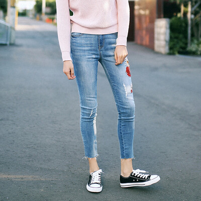 

And with pure Raincun N2319 embroidered jeans female nine pants tight elastic edge pencil pants blue 29