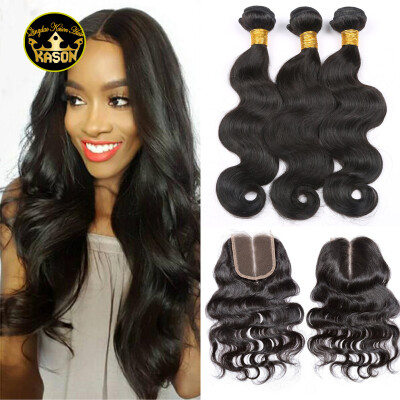 

Kason Peruvian Virgin Hair Body Wave With Closure 3 Bundles Human Hair Weave With Swiss Lace Middle Part Closure