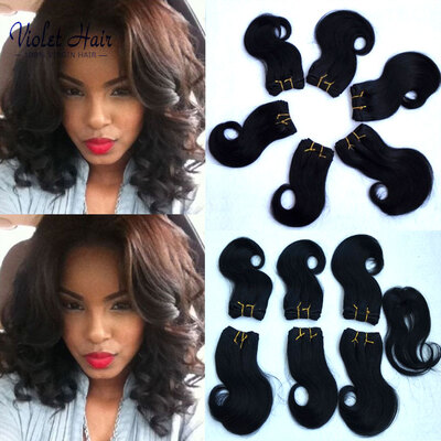 

violet hair Grade 8A Brazilian Body Wave Short Human Hair Exrensions 1b# Hair bundles with top closure 6pcs/lot 200g 8 inch