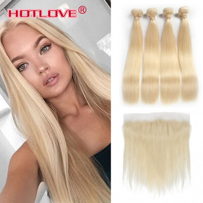 

Straight Hair 613 Blonde Ear to Ear 13x4 Lace Frontal Closure With 4 Bundles Brazilian Virgin Human Hair Blonde Weaves Extensions