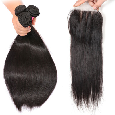 

BHF Hair 100 Remy Human Hair Weave 3 Bundle Indian Straight Hair 8-28inch Machine Double Weft with swiss closure