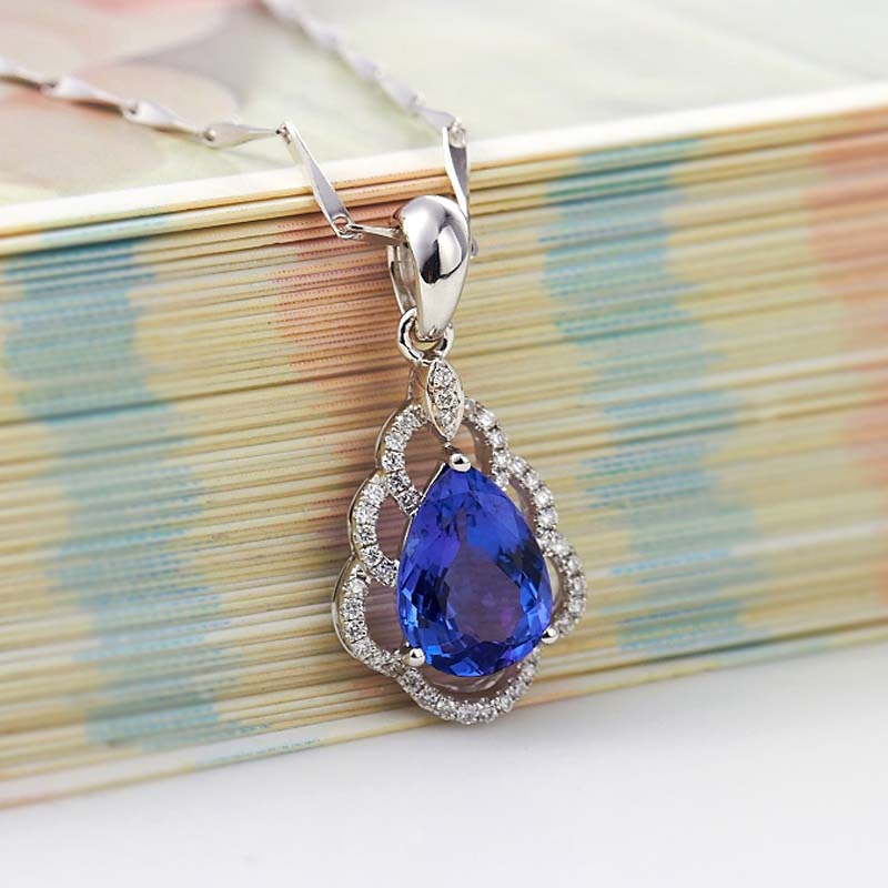 Lescreation Lisa Jewelry 1.7 carat tanzanite diamond necklace white 18K gold colored gemstone South African diamond pendant blue colored gemstone 1.7 carat white 18K gold tanzanite pendant 4A grade