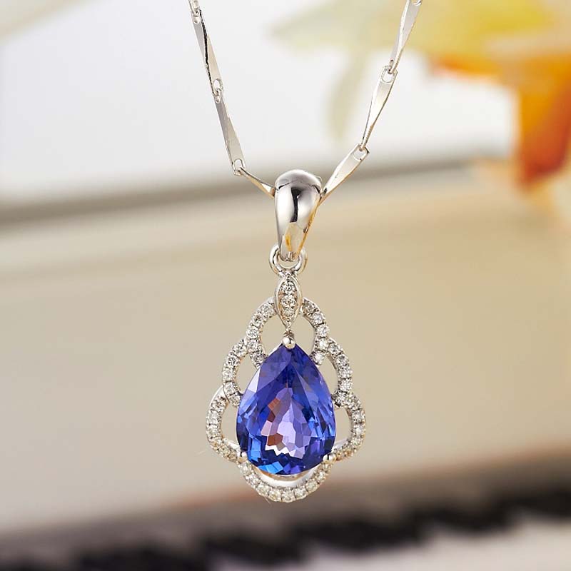 Lescreation Lisa Jewelry 1.7 carat tanzanite diamond necklace white 18K gold colored gemstone South African diamond pendant blue colored gemstone 1.7 carat white 18K gold tanzanite pendant 4A grade