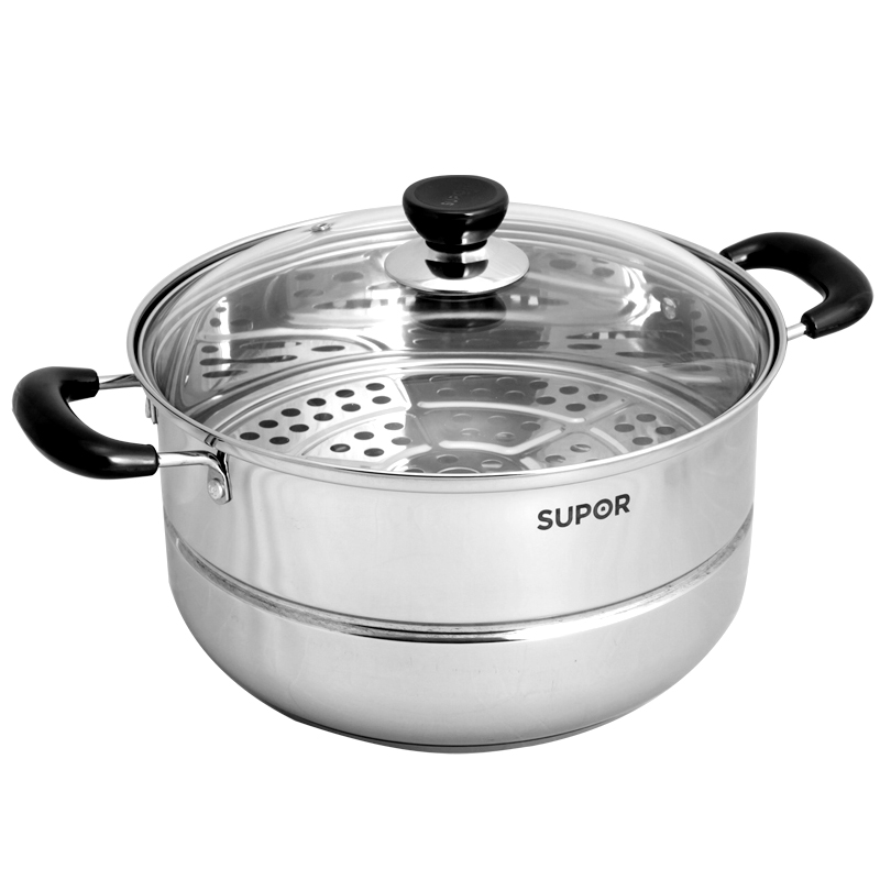 SUPOR steamer, two-layer, 28cm double-bottom thickened 304 stainless steel steamer, suitable for both induction and gas stoves