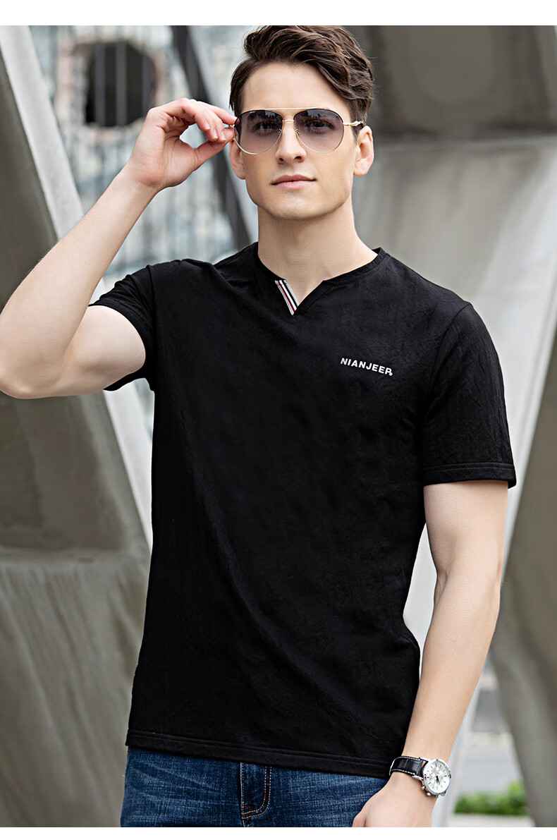 夏季短袖v领t恤男半袖汗衫运动休闲弹力鸡心领男式短袖体恤 黑色 xxl