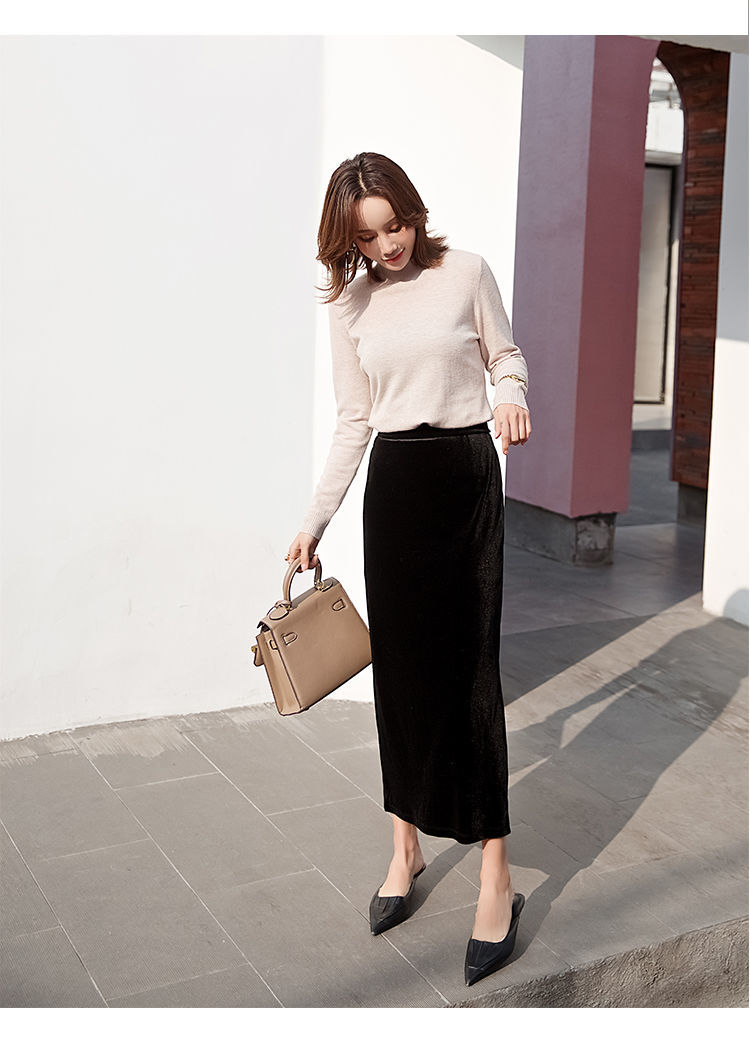 春秋新款金丝绒开叉百搭半身裙女装气质显瘦包臀裙小香风中长款一步裙