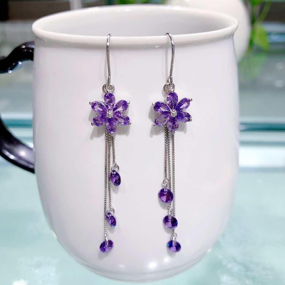 abay新款s925足银紫色水晶花朵耳环防丢长款流苏耳线日韩气质耳坠饰