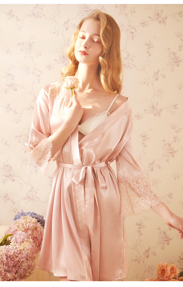 tree冰丝睡袍女春夏薄款网红ins风睡衣日式浴袍性感新娘晨袍柔粉色m