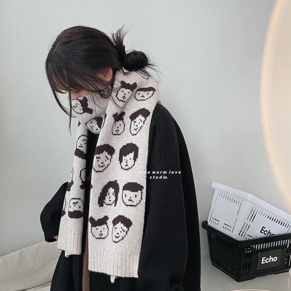 围巾女冬季保暖学生韩版可爱卡通头像少女百搭长款毛线编织小围脖