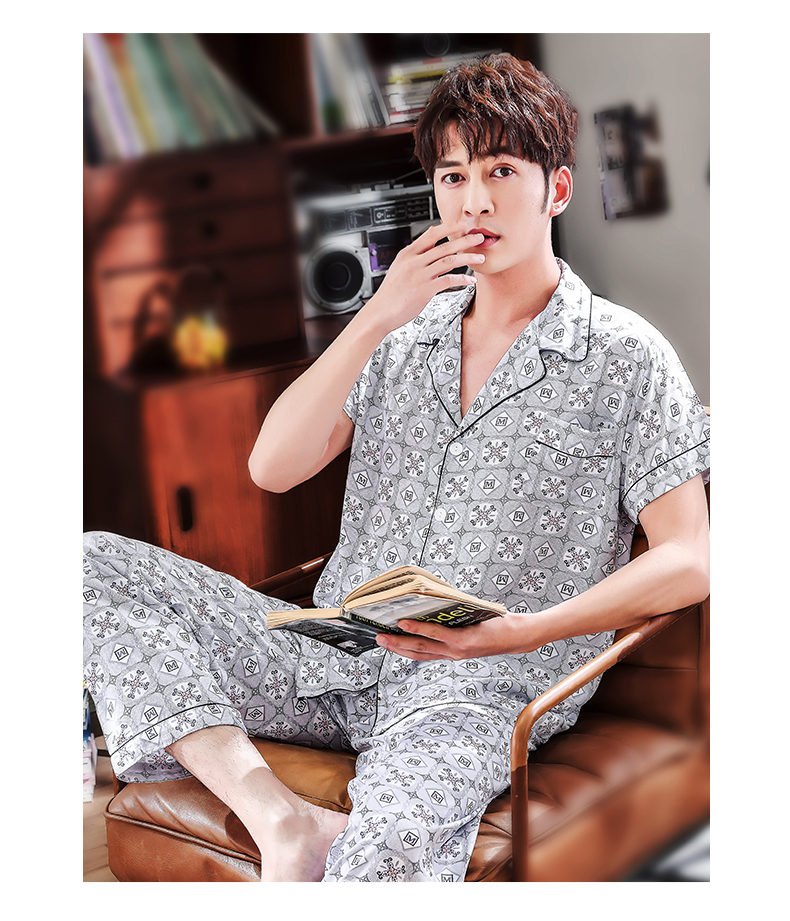 睡衣男春秋季棉绸男士大码青年套装人造绸家居服套装 c919格子图章11