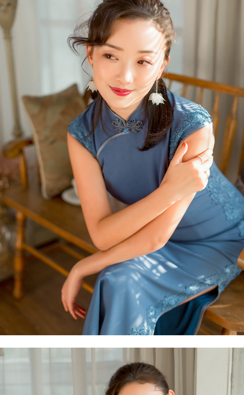 逸红颜玄裳旗袍改良版连衣裙夏装针织纯色包肩袖长款旗袍复古优雅蓝色