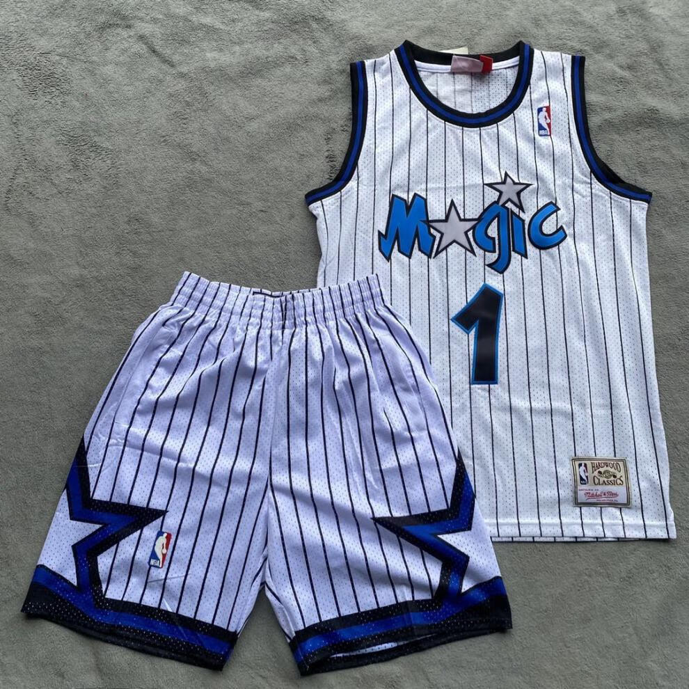 fynu麦迪1号魔术队套装球衣球裤复古刺绣网眼篮球服男女通用背心 白色