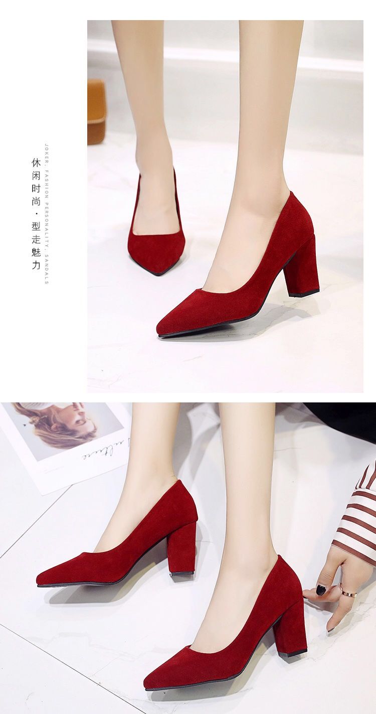 粗跟单鞋女7厘米中跟5cm春季学生大码尖头职业皮鞋黑色工作高跟鞋