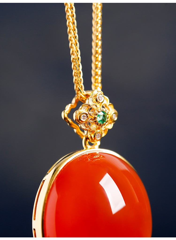 沃韵18k保山冰红吊坠南红玛瑙椭圆蛋面冰透水润起荧光中号约1318mm