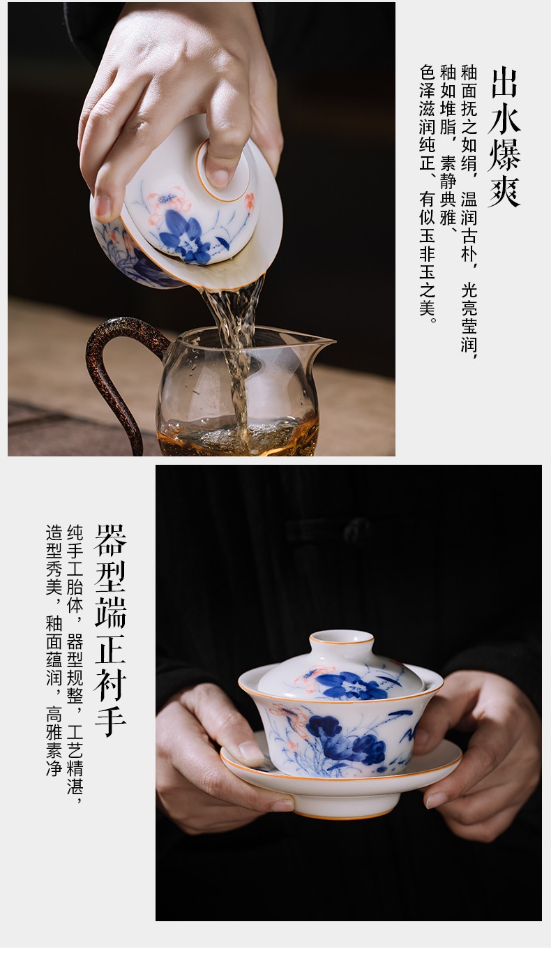 趯黙茶具溪陶坊手工汝窑盖碗单个手工陶瓷象牙白开片青意莲生三才碗