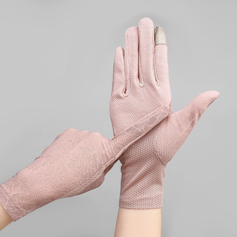 香溪里冰丝手套夏季薄款开车紫外线电动车滑露指五指蕾丝手套冰丝暗粉