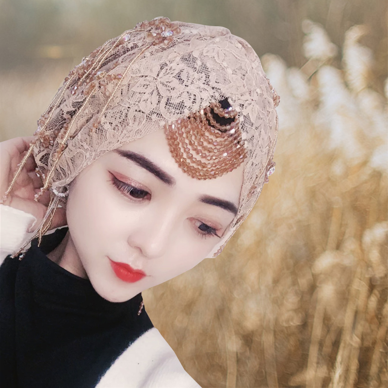 回族女人的套头纱巾穆斯头巾新款回女士时尚流苏手工盖头包头巾帽