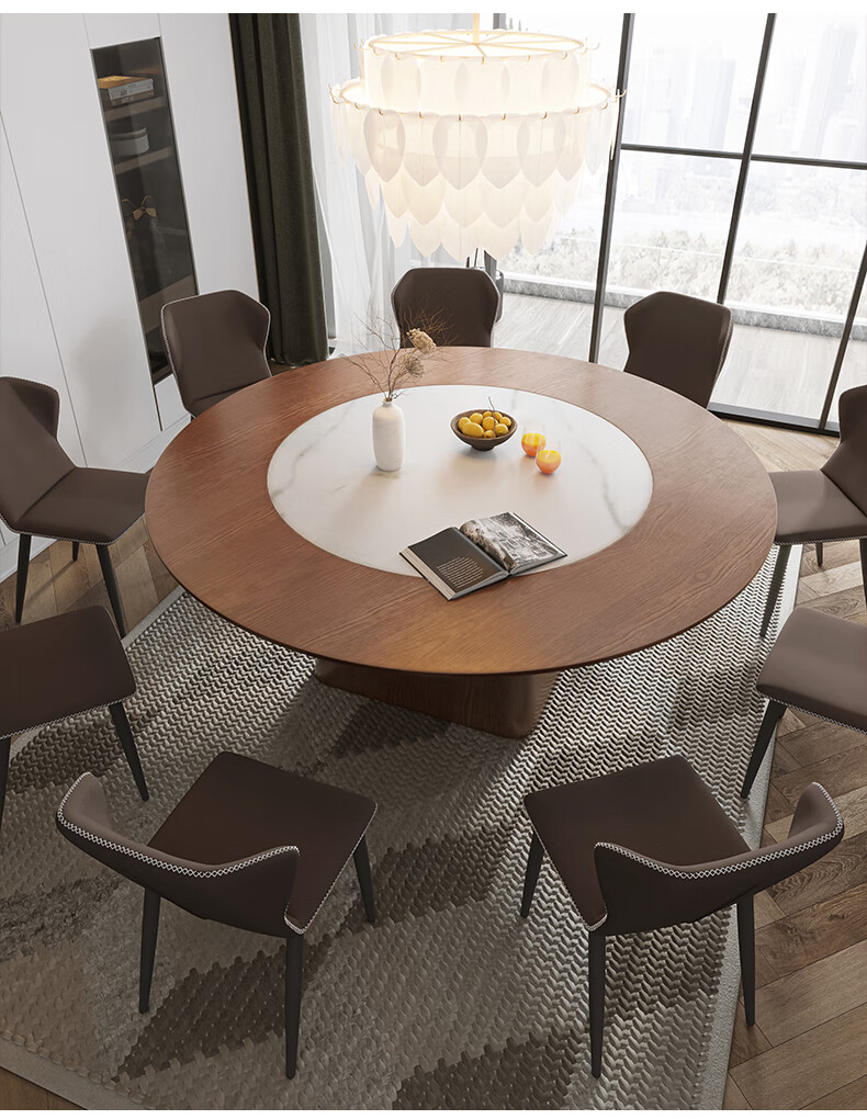 8米大圆餐桌12人家用实木胡桃色带嵌入转盘圆桌中式大型圆餐桌 配套