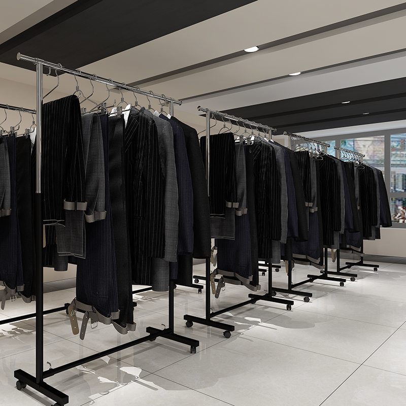 服装店摆衣服展架服装店衣架展示架单杠双杠落地中岛侧挂移动伸缩折叠