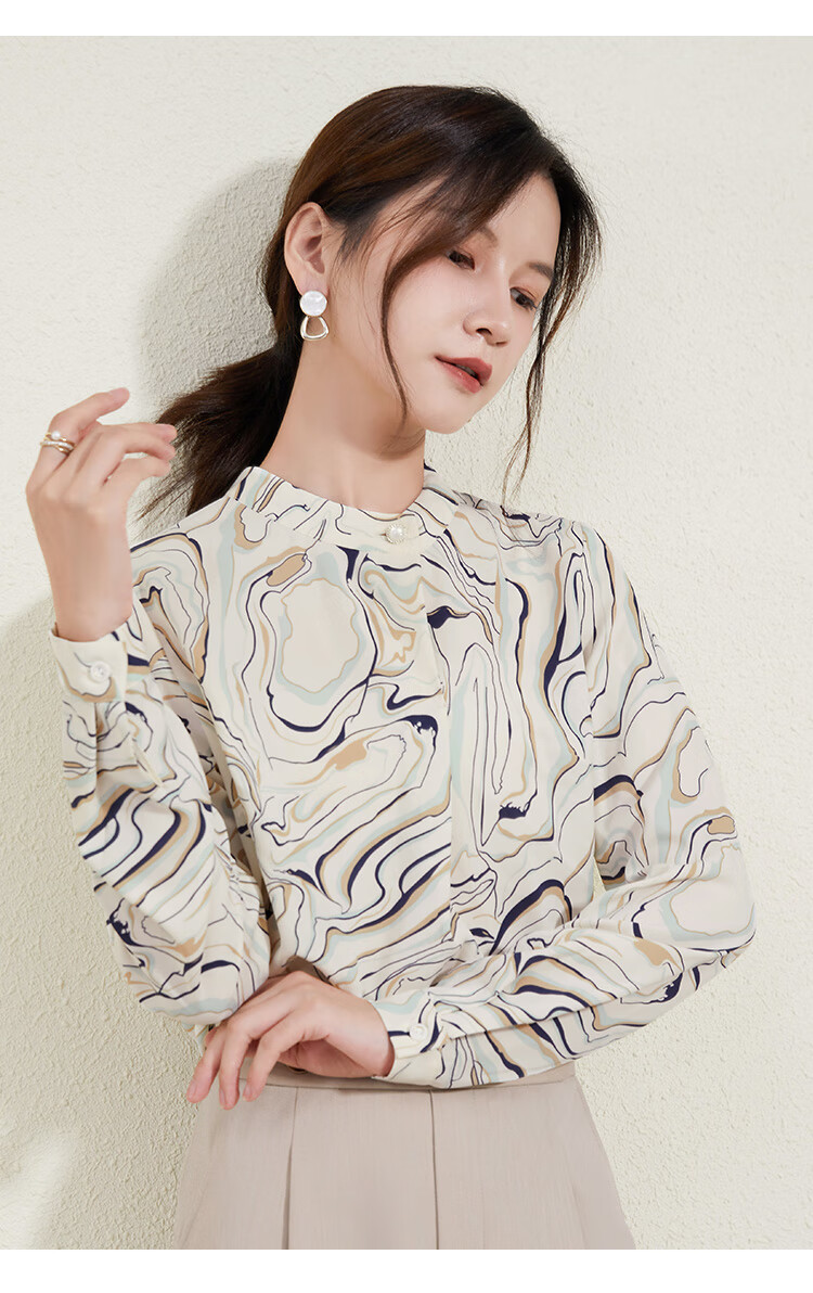 熙然秋装新款复古气质不规则斜领宽松抽象印花衬衫女衬衣上衣杏底彩花