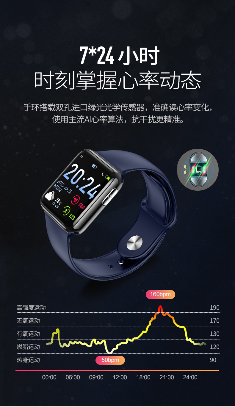 智能心率手环测血压脉搏监测心跳激光运动健康电视同款升级版心电图