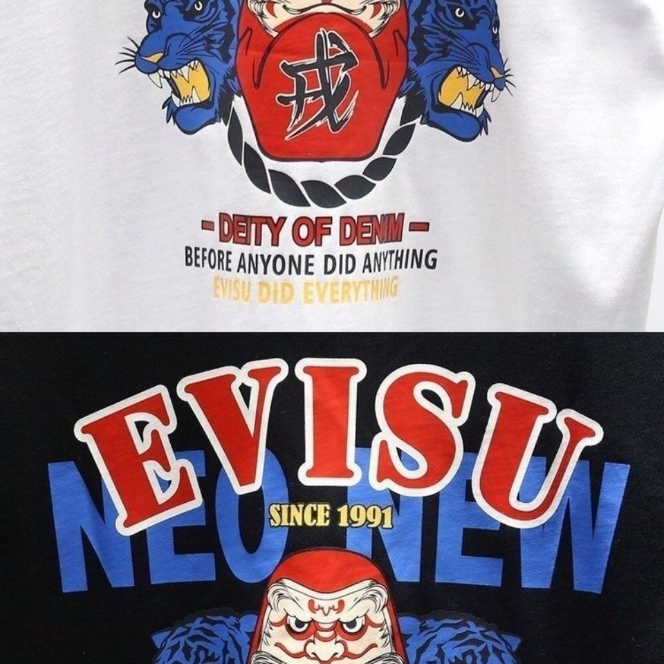 日本潮牌福神新款夏季文乐戎字木鱼大学生休闲宽松短袖款黑色m