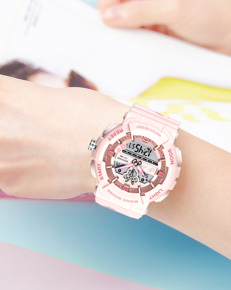 迪士尼儿童手表女孩小学生只看时间防水初高中女童10岁以上电子表玫金