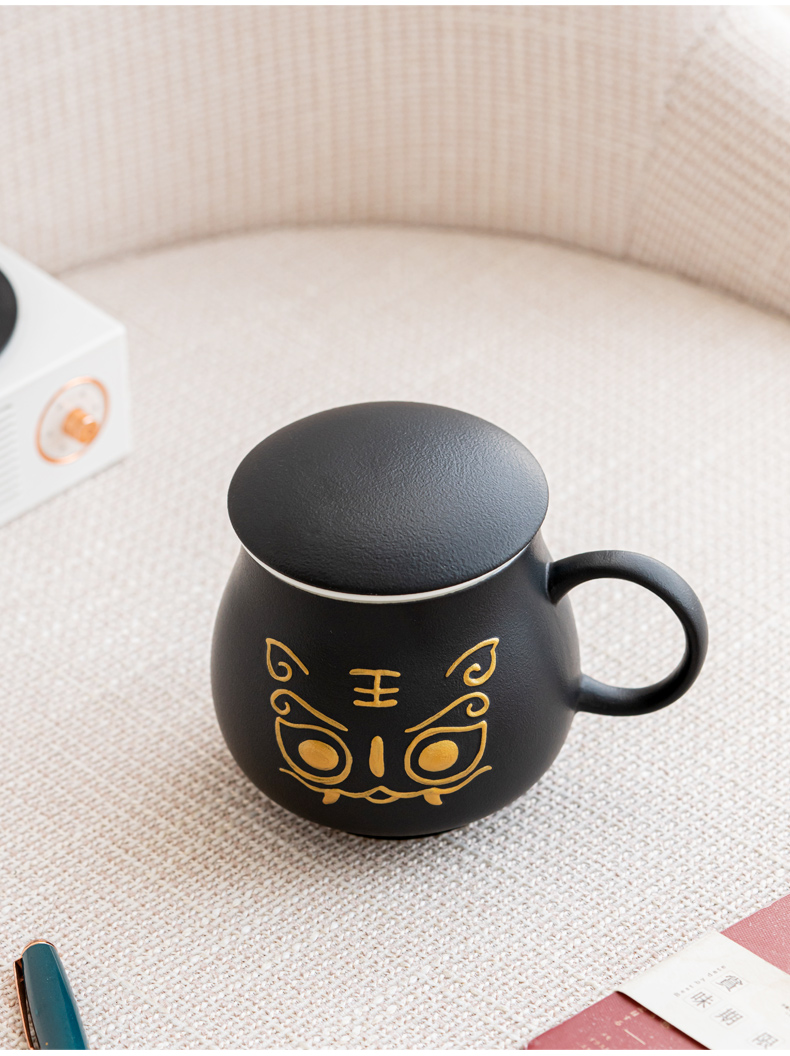 萌虎茶杯创意萌虎水杯陶瓷泡茶杯家用个人茶杯带盖带内胆茶水分离杯子