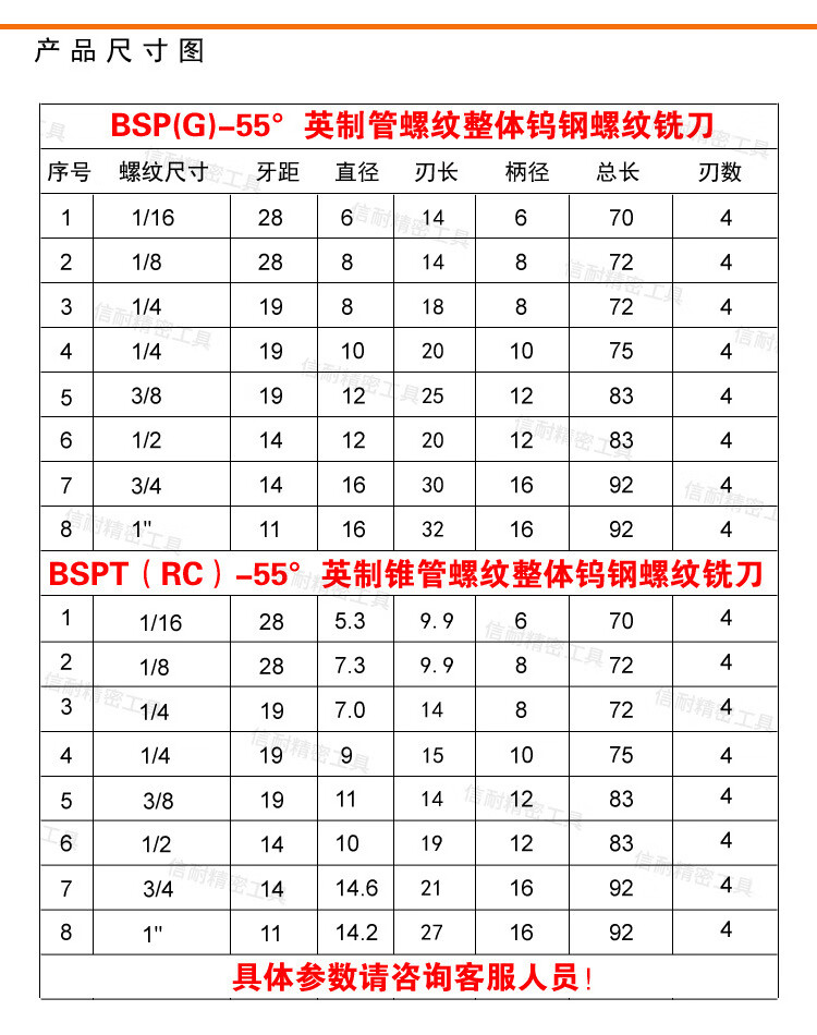 bspt(rc) 55°英制整体钨钢锥管螺纹刀具 bspt1/4-19*d8柄