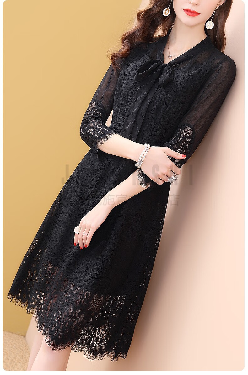 施jifanshi品牌气质大码黑色蕾丝连衣裙女春2020新款中长款流行裙子
