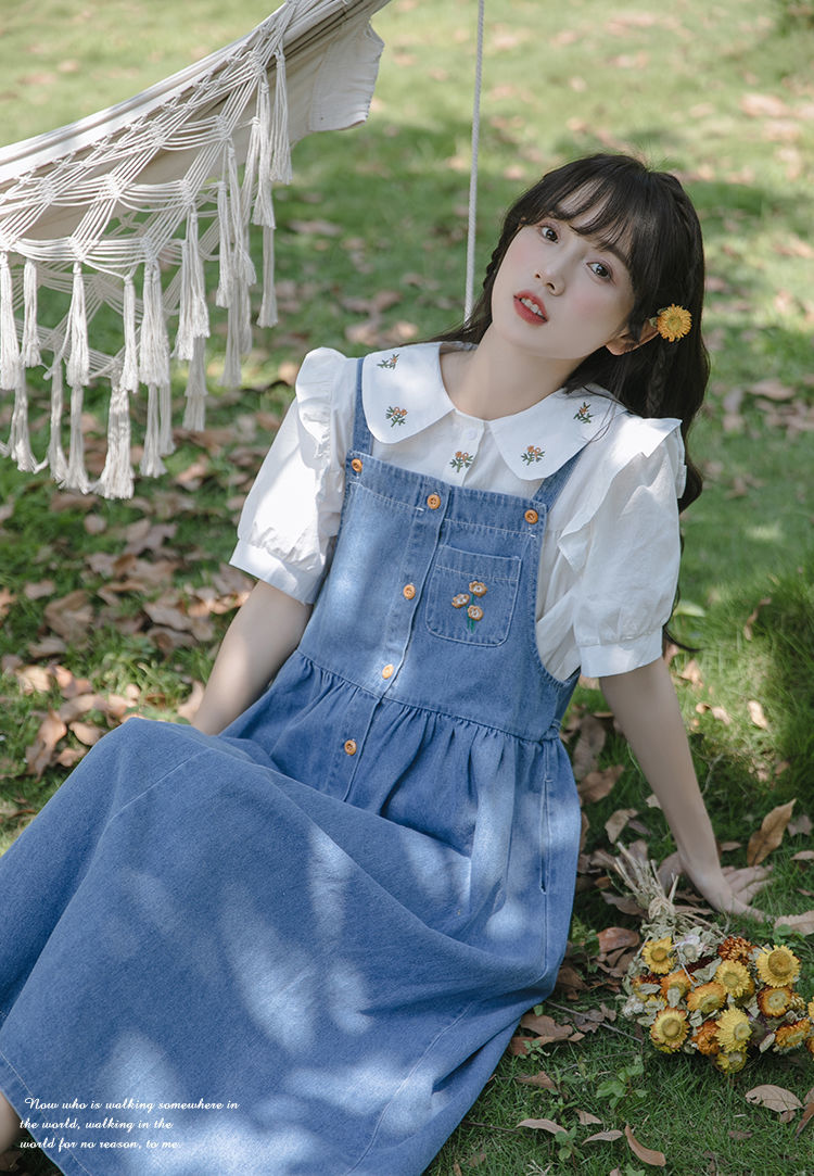 牛仔背带裙女生中学生高中生青少女小个子艾蔻echo复古文艺刺绣牛仔