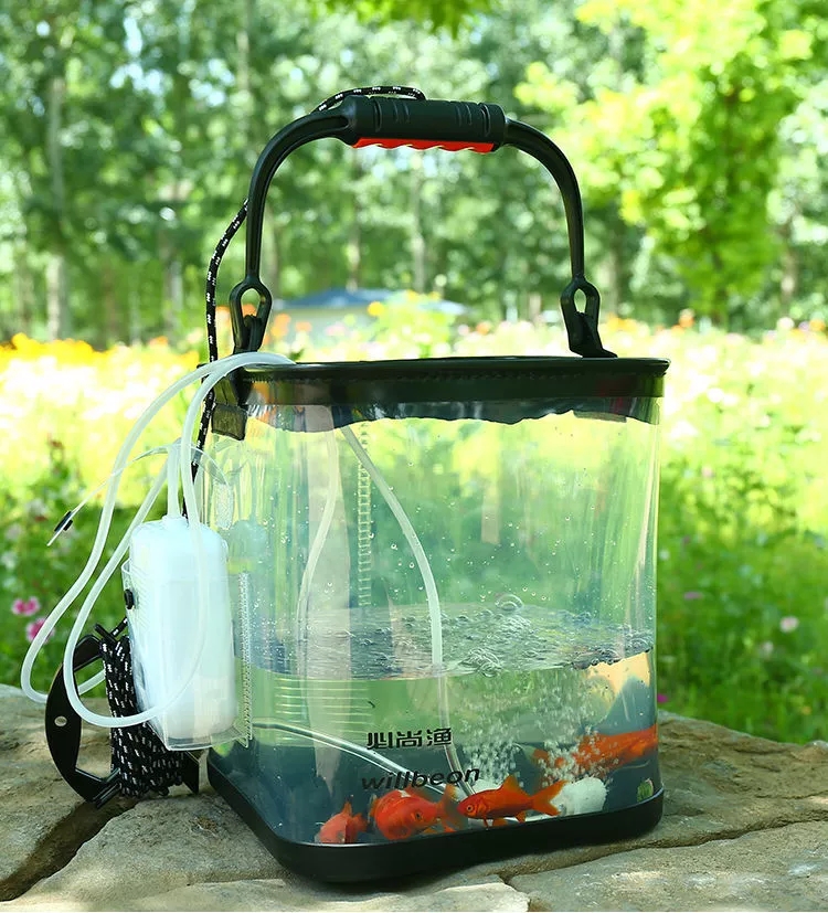 透明活鱼打水钓鱼养鱼桶加厚底耐磨折叠水桶eva侧包款可挂增氧泵透明